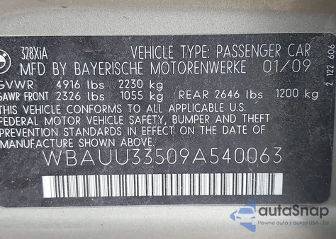 2009 BMW 328I xDrive z USA, uszkodzony, nr VIN WBAUU33509A540063